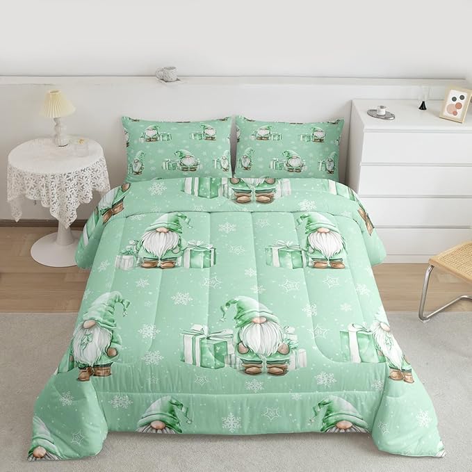 Feelyou Green Christmas Comforter Set All Season Scandinavian Christmas Santa Gnomes Bedding Set with 2 Pillow Cases Xmas Snowflake Kids Queen Bedclothes Bedroom Decor Breathable Soft