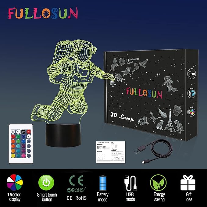 FULLOSUN Spaceman 3D Night Light, Astronaut Rocket Optical Illusion Lamp Birthday Gift Idea for Outer Space Fan Xmas, Living Room Decor Night Light with 7 Colors Changing