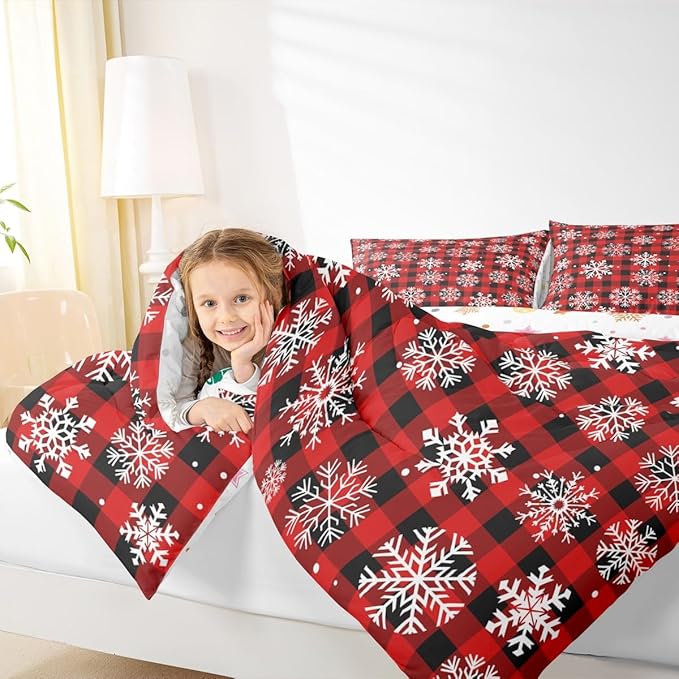 Feelyou Christmas Comforter Set Full Size Red Black Plaid Bedding Set for Kids Boys Girls Winter Snow Duvet Quilt Snowflake Red Bedroom Decor Microfiber 3 Pcs with 2 Pillow Cases