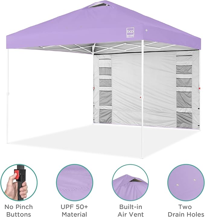 Best Choice Products 10x10ft Easy Pop Up Canopy w/Side Wall, 10 Pockets, Portable Carrying Case, 1-Button Setup, 4 Weight Bags - Lilac/White