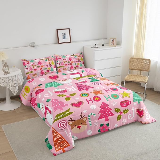 Merry Christmas Kids Comforter Set Twin Size,Cartoon Santa Claus Snowman Bedding Set,Boys Girls Adults Room Decor,Christmas Trees Deer Cute Down Comforter,Pink Romantic Duvet Insert,1 Pillowcase