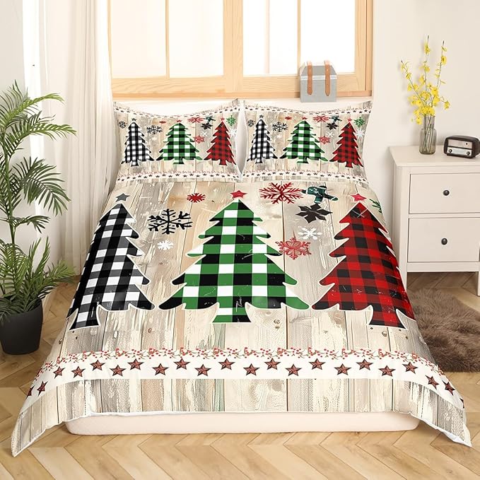 Manfei Xmas Plaid Trees Duvet Cover Set Full Size, Western Texas Star Bedding Set 3pcs for Kids Boys Girls, Christmas Theme Comforter Cover Wooden Plank Quilt Cover with 2 Pillowcases,No Comforter