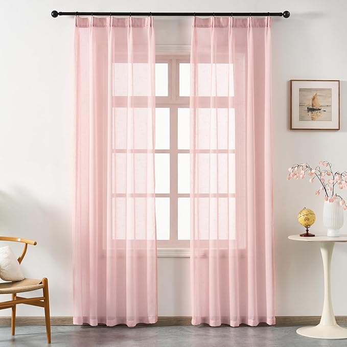 Blush Pink Sheer Curtains 96 Inches Long, Linen Look Textured Light Filtering Drapes for Girls Room Decor, Light Pink Transparent Window Treatments, Pinch Pleat Curtain with Hooks