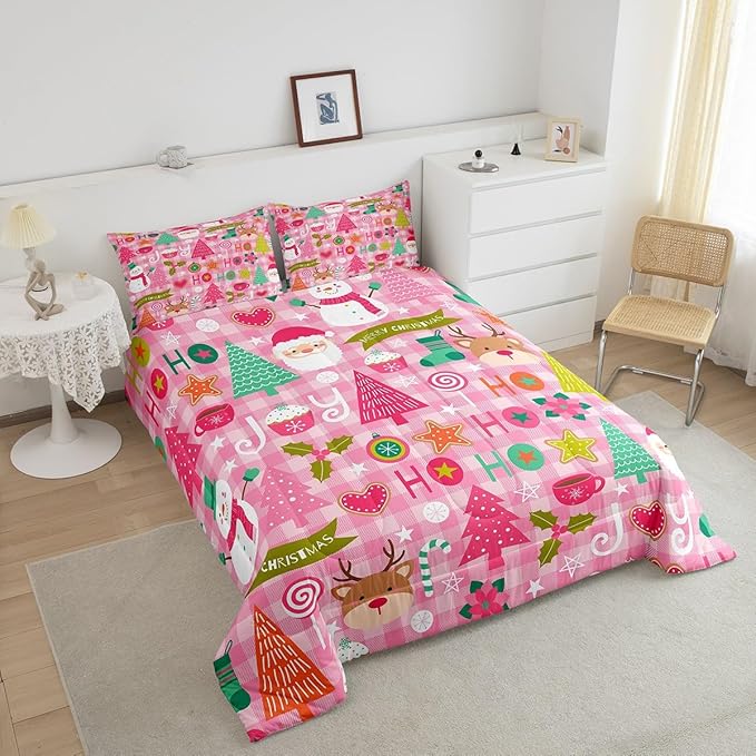 Merry Christmas Kids Comforter Set King Size,Cartoon Santa Claus Snowman Deer Xmas Bedding Set,Boys Girls Adults Room Decor,Geometric Grids Down Comforter,Pink Romantic Duvet Insert,2 Pillowcases