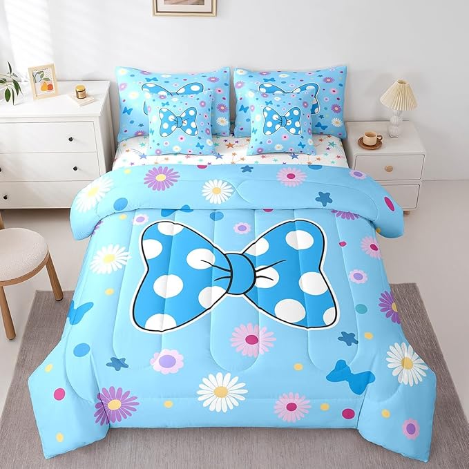 7 Pieces Blue Bowknot Kids Comforter Set Twin,Daisy Flowers Geometric Dot Patchwork Bedding Set,Star Bow Tie Princess Cute Dreamy（Comforter+Fitted+Flat Sheet+2 Pillowcases+2 Throw Pillow Covers）