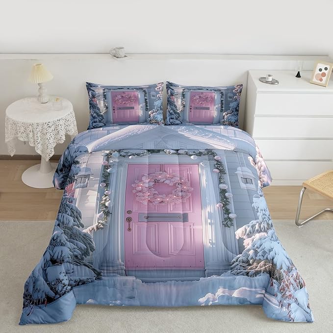 Feelyou Winter Snowscape Bedding Set Soft for Boys Girls, Merry Christmas Comforter Set Toddler Size Pink Door Duvet Quilt Microfiber Garland Xmas Tree Bedroom Decor 2 Pcs with 1 Pillow Cases