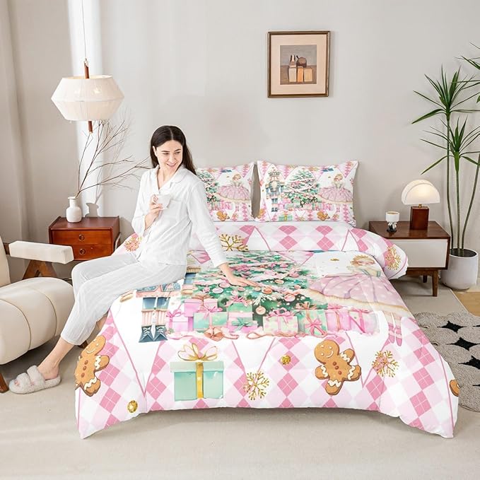jejeloiu Christmas Nutcracker Comforter Set Queen Size Gingerbread Man Bedding Set for Kids Boys Girls Xmas Tree Duvet Quilt White Pink Bedroom Decor
