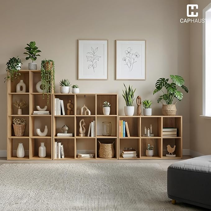 CAPHAUS 11-Inch Cube Storage Organizer Shelf, Home Storage Shelf Divider w/Back, 6-Cube Storage Bookcase, Natural Oak