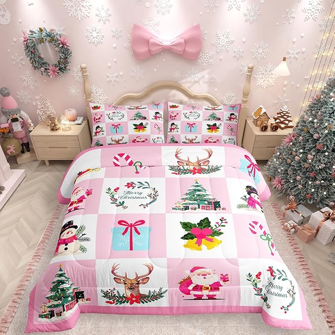 Erosebridal Merry Christmas Comforter Set for Kids Christmas Tree Quilt Queen Size with 2 Pillow Cases Santa Claus Xmas Decor Bedding Set Kawaii Snowman Bedding Comforter Sets,Pink