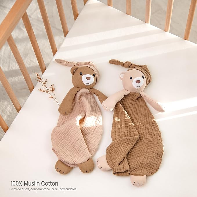 lulumoon Muslin Bear Lovey for Babies: Skin-Friendly Security Blanket for Self-Soothe - Newborn Gift for Baby Shower
