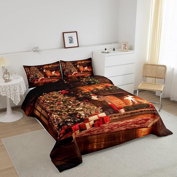Xmas Theme Bedding Set Full Size, Vintage Christmas Fireplace Tree Comforter Set for Kids Boys Girls Room Decor, Merry Christmas Duvet Insert 3Pcs, Pine Tree Luxury Quilt Set, 2 Pillowcases