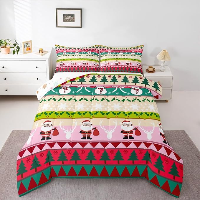 Feelyou Merry Christmas Tree Bedding Set Soft for Boys Girls, Cute Snowman Comforter Set Full Size Santa Claus Duvet Quilt Microfiber Cartoon Bowknot Bedroom Decor 3 Pcs with 2 Pillow Cases
