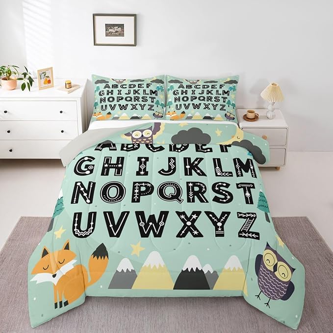Feelyou Alphabet Kids ABC Learning Comforter Set All Season Cute Fox Bedding Set with 2 Pillow Cases Educational Nursery Art Microfiber Kids Full Bedclothes Woodland Animals Bedroom Decor Duvet Quilt