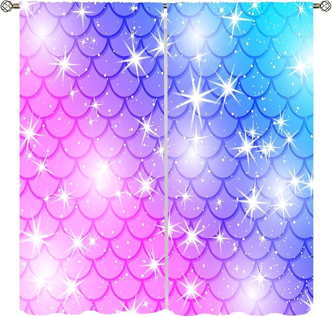 Mermaid Blackout Curtains, Kids Cartoon Blue and Pink Ocean Mermaid Scale Pattern Decoration for Girls Bedroom Nursery Curtains 84x84 Inch