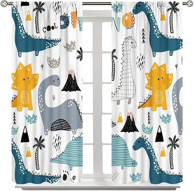 Dinosaur Curtains, Cartoon Dino Cute Safari Animal Print Pattern Blackout Window Treatments, Rod Pocket Thermal Insulated Drapes 2 Panel Sets for Kids Boys Bedroom Nursery Classroom, 63" W X 72" L