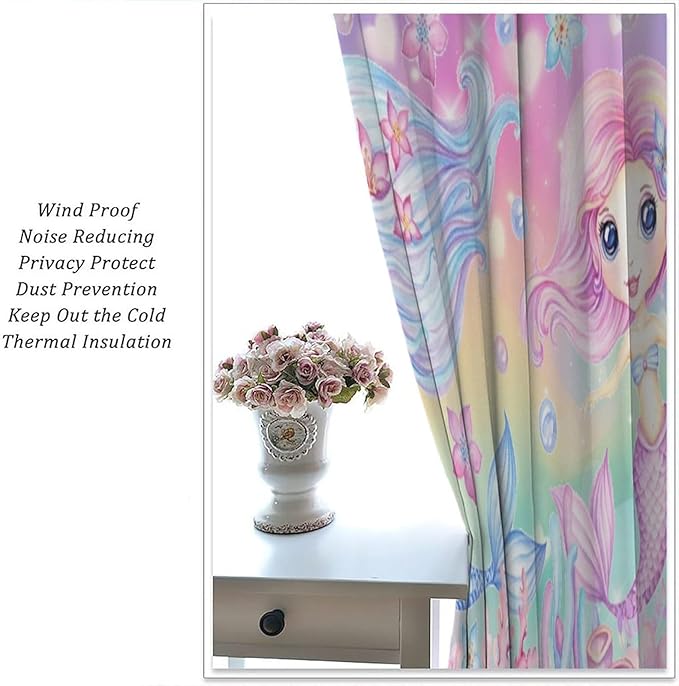 Cartoon Mermaid Kids Curtain Fantasy Ocean Theme Coral Flower Floral Window Treatment for Kids Girls Bedroom Nursery Room Decor Rod Pocket Blackout Window Drapes 63x63in