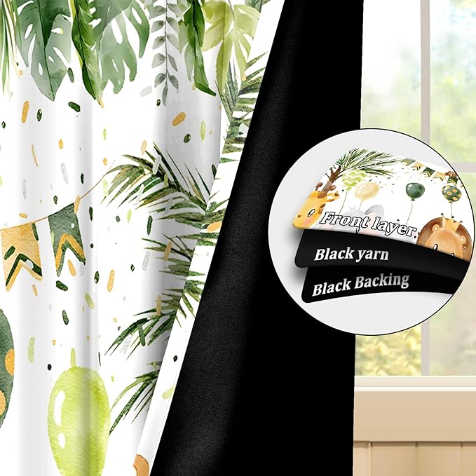 Renaiss 42 x 96 Inch Rainforest Safari Animal Curtains African Jungle Tropical Lions Tigers Elephants Giraffes Palm Trees Pattern Polyester Fabric Grommet Window Drapes for Nursery Bedroom 2 Panels