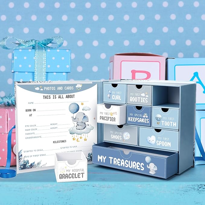 Baby Keepsake Box Newborn Memory Organizer with 9 Labeled Compartments First Keepsake Book Gift Box for Pregnancy Mother"s Day Baby Shower New Maternity(Blue,Blue Elephant)