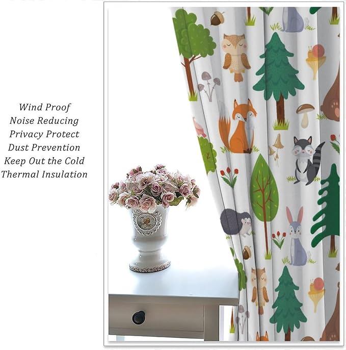 Jungle Animal Curtains, Woodland Animals Forest Pattern Blackout Window Treatments, Rod Pocket Thermal Insulated Drapes 2 Panel Sets for Kids Room Nursery Classroom, 52" W X 84" L