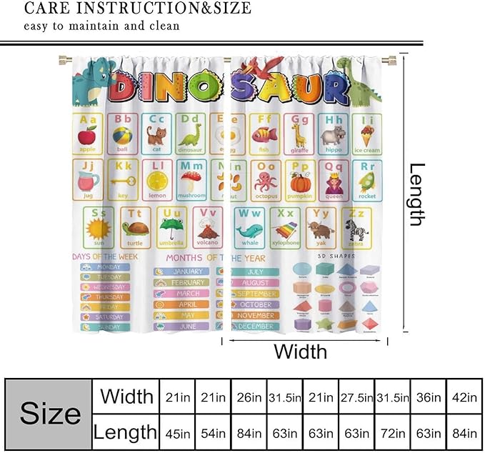 Funny Kids Alphabet Curtain, Cartoon Animal Alphabet Learning Dinosaur Boys Kids Students Baby Educational Colorful Blackout Window Treatments for Bedroom Living Room School 72" W X 63" L