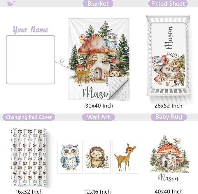 Personalized Baby Crib Bedding Set, 5 Pcs Custom Name Nursery Bedding Set for Girls Boys, Forest Animals Baby Crib Set for Toddlers Infants, Double Layer Bedding Crib Sets Customized Gifts