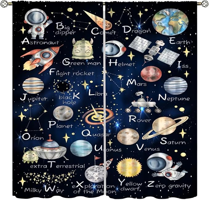 Cartoon Kids Alphabet Astronaut Curtain，Retro Cute Cosmic Galaxy Letter Printed Rod Pocket Blackout Window Treatments for Boys Girls Bedroom Living Room School 55" W X 63" L