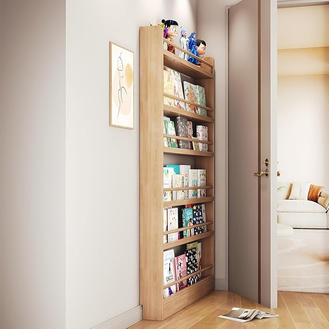 Behind The Door Bookshelf, 6-Tier Wooden Bookcases with Open Display Shelves, Behind The Door Storage Organizer for Toys and Books, Space-Saving Wall Mount Narrow Book Shelf