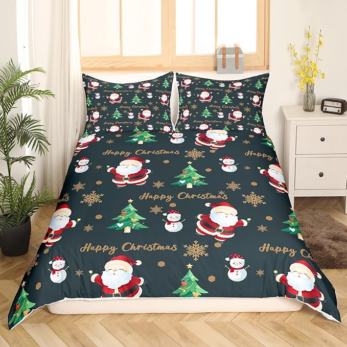 Christmas Duvet Cover Set King Size, Santa Claus Xmas Trees Snowman Sonwflake Comforter Cover with 2 Pillowcases, New Year Theme Bedding Set for Kids Boy Girl Lightweight Bedspread Cover,No Comforter