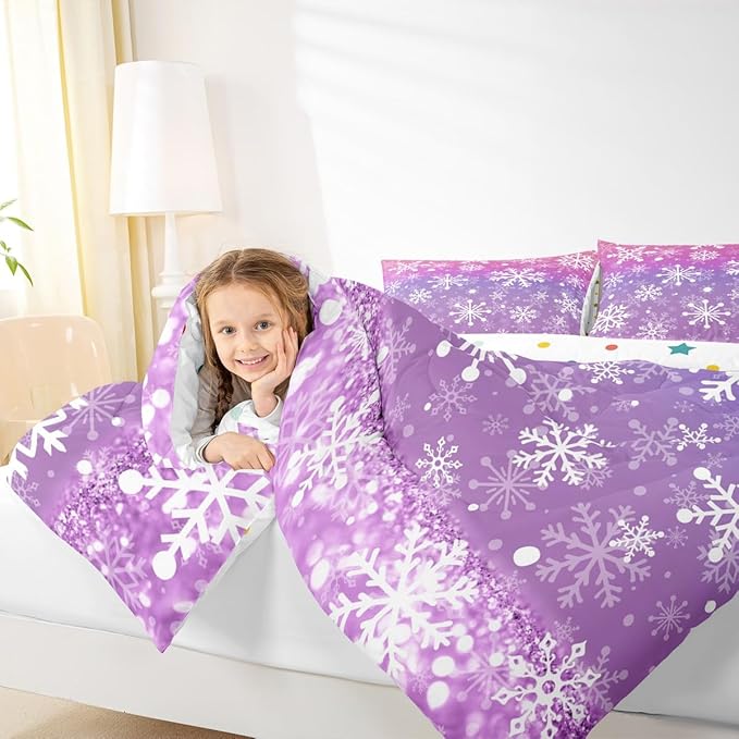 Feelyou Christmas Comforter Set All Season Pink Purple Bedding Set with 1 Pillow Cases Winter Snowflake Microfiber Kids Twin Bedclothes New Year Holiday Bedroom Decor Duvet Quilt Soft Lightweight