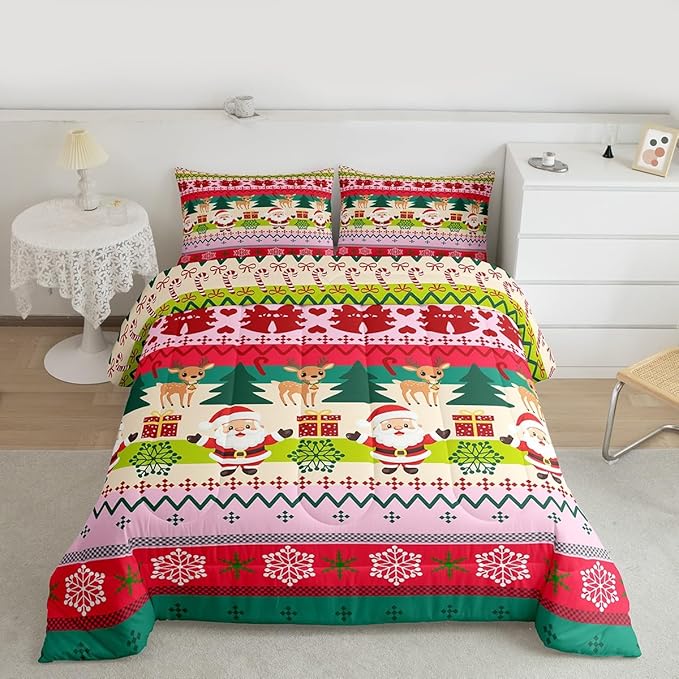 Feelyou Merry Christmas Comforter Set Queen Size Santa Claus Bedding Set for Kids Boys Girls Cute Deer Duvet Quilt Snowflake Bedroom Decor Microfiber 3 Pcs with 2 Pillow Cases