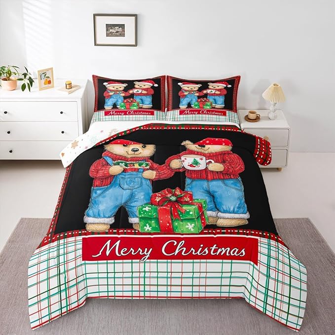 Feelyou Merry Christmas Bedding Set Soft for Boys Girls, Cute Bear Comforter Set Full Size Duvet Quilt Microfiber Winter Bedroom Decor 3 Pcs with 2 Pillow Cases
