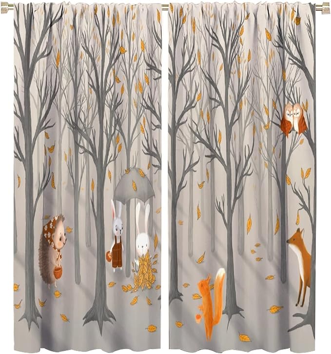 Kids Woodland Animal Window Curtains, Autumn Forest Hedgehog Rabbits Squirrel Fox Birds Blackout Rod Pocket Window Treatments Drapes for Boys Girls Bedroom 72x63in