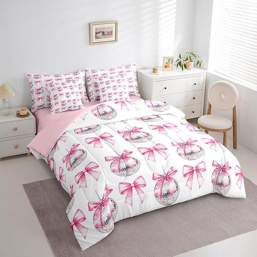 7 Pieces Cartoon Bowknot Kid Comforter Set Full,Bow Tie Butterfly Knot Princess Bedding Set,Western Cowgirl Disco Ball Retro Pink White（Comforter+Fitted+Flat Sheet+2 Pillowcases+2 Throw Pillow Covers）