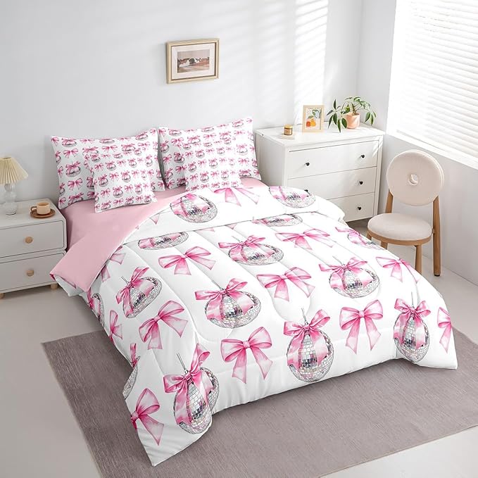 7 Pieces Cartoon Bowknot Kid Comforter Queen,Bow Tie Butterfly Knot Princess Bedding Set,Western Cowgirl Disco Ball Retro Pink White（Comforter+Fitted+Flat Sheet+2 Pillowcases+2 Throw Pillow Covers）