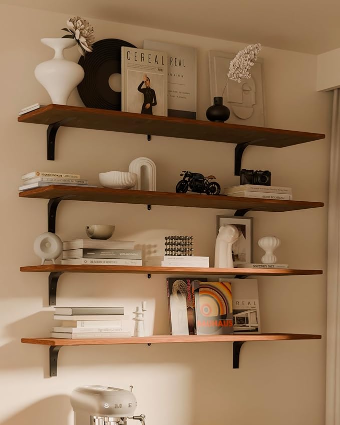 12x48 Inch Rustic Wood Floating Shelves 4-Pack - Farmhouse Brown Wall Shelves with 100 lbs Capacity, Easy Installation for Living Room, Kitchen, Bathroom (Brown, 4T48IN)