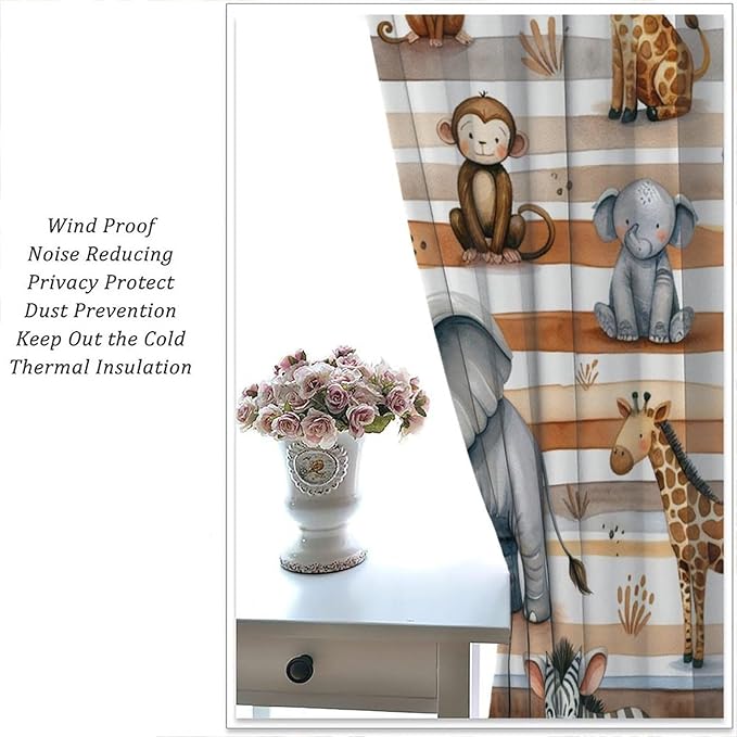Kids Animal Curtains Elephants Giraffes Monkeys Lions Zebras Window Treatment for Kids Boys Girls Nursery Baby Bedroom Playroom Home Decor Window Drapes 84" W X 84" L