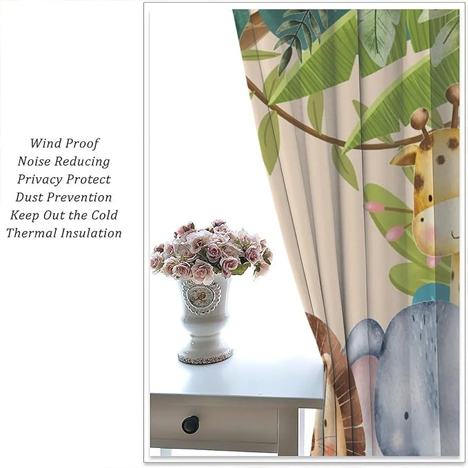 Jungle Animals Curtains Colorful Forest Cartoon Wildlife Lion Giraffe Elephant for Kids Boys Girls Nursery Bedroom Living Room Blackout Rod Pocket Decoration Window Drapes 2 Panels W21xL45in