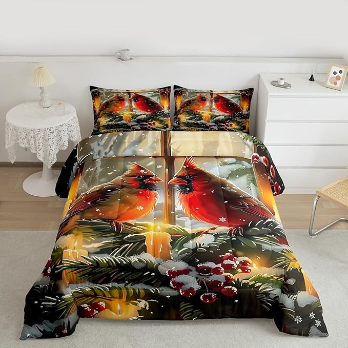 Feelyou Merry Christmas Kids Comforter Set Twin Size Cardinal Bedding Set Winter Bird Duvet Quilt for Kids Boys Girls Bedroom Red Berries Decor Microfiber Ultra Soft Breathable