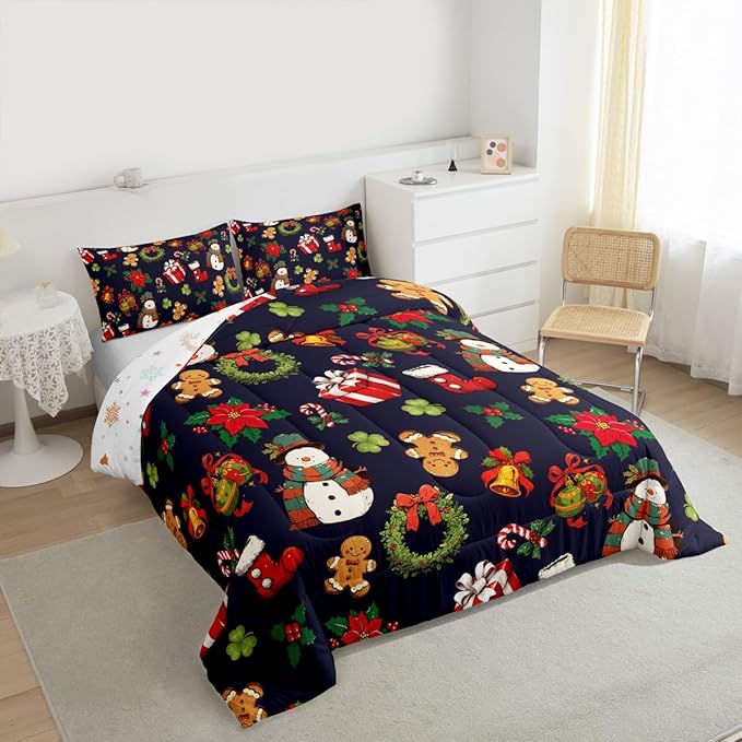 jejeloiu Merry Christmas Comforter Set King Size Cute Snowman Bedding Set for Kids Boys Girls Gingerbread Man Duvet Quilt Dark Blue Bedroom Decor