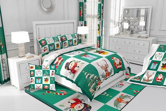 Erosebridal Merry Christmas Quilt Full Size for Kids Teens Santa Claus Xmas Tree Bedding Set Cartoon Deer Snowman Comforter Set with 2 Pillow Cases