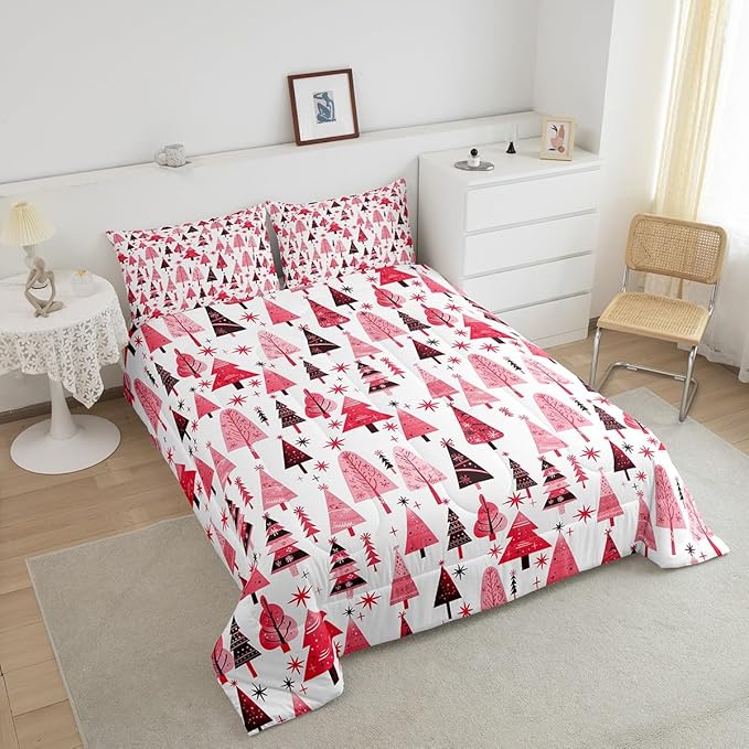 Manfei Pink Xmas Trees Comforter Set Twin Size, Christmas Theme Bedding Set 2pcs for Kids Boys Girls Adults Room Decor, Happy New Year Down Comforter Soft Polyester Quilt Set with 1 Pillowcase