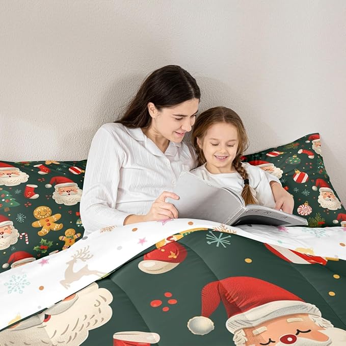Feelyou Christmas Bedding Set Soft for Boys Girls, Santa Xmas Tree Comforter Set Queen Size Gingerbread Man Duvet Quilt Microfiber Snowflake Stockings Bedroom Decor 3 Pcs with 2 Pillow Cases