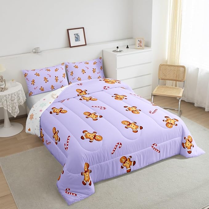 jejeloiu Kids Cute Gingerbread Man Comforter Set Twin Size Christmas Theme Bedding Set for Boys Girls Teens Xmas Candy Cane Happy New Year Purple Duvet Quilt Room Decor