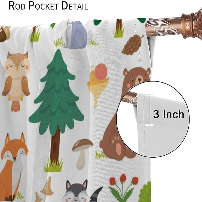 Jungle Animal Curtains, Woodland Animals Forest Pattern Blackout Window Treatments, Rod Pocket Thermal Insulated Drapes 2 Panel Sets for Kids Room Nursery Classroom, 63" W X 72" L