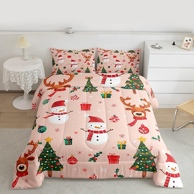 Feelyou Christmas Comforter Set King Size Snowman Bedding Set for Kids Boys Girls Deer Xmas Tree Duvet Quilt New Year Gift Bedroom Decor Snowflake Microfiber 3 Pcs with 2 Pillow Cases