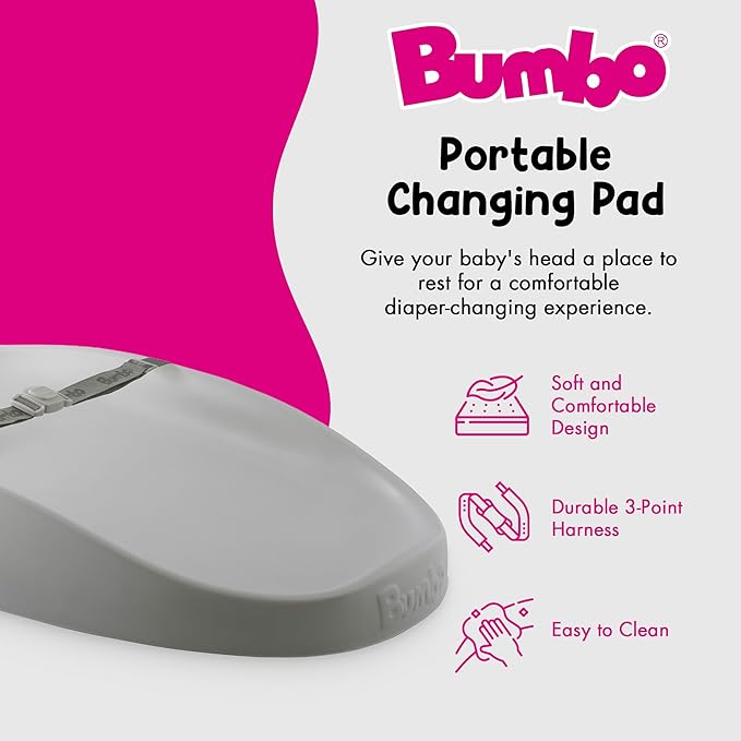 Bumbo Baby Changing Pad for Dresser or Table Top, Portable & Wipeable Non Slip Soft Contoured Diaper Change Station with Harness, Cool Grey