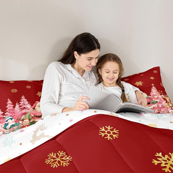 jejeloiu Merry Christmas Comforter Set Queen Size Santa Claus Bedding Set for Kids Boys Girls Cute Deer Duvet Quilt Red Bedroom Decor