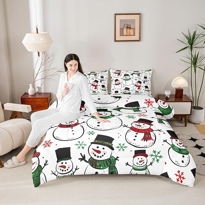 Feelyou Christmas Comforter Set All Season Snowman Bedding Set with 2 Pillow Cases Snowflake Microfiber Kids King Bedclothes Bedroom Decor Duvet Quilt Breathable Soft Lightweight