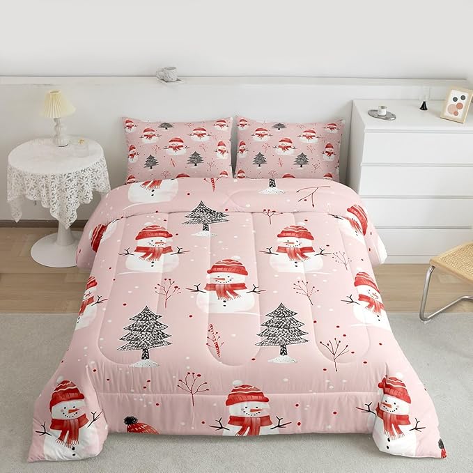 Feelyou Cute Snowman Bedding Set Soft for Boys Girls, Christmas Trees Comforter Set King Size Xmas Snowflake Duvet Quilt Microfiber Christmas Decor Bedroom Decor Holiday 3 Pcs with 2 Pillow Cases