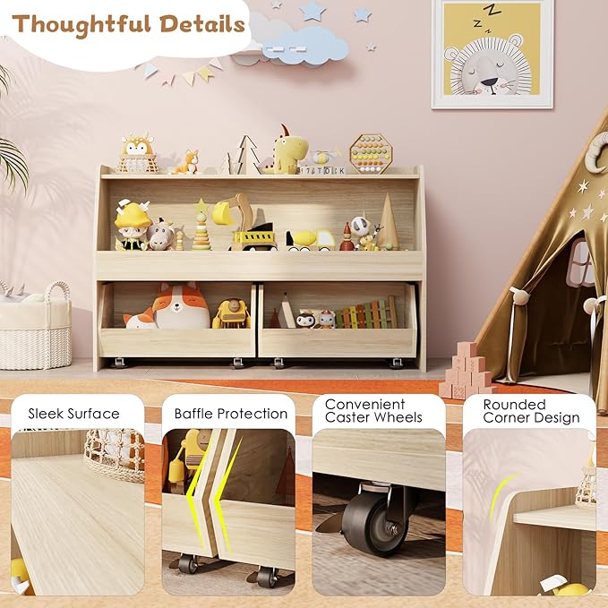 COZPAW Toy Storage Organizer, 2 Tier Montessori Shelf with Movable Bins, Toy Organizers Book Shelf for Kids Room, Playroom, Nursery (Wood)